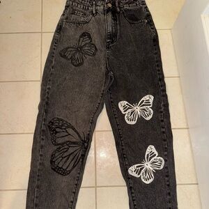 SHEIN Black and White Butterfly Straight Leg Jeans